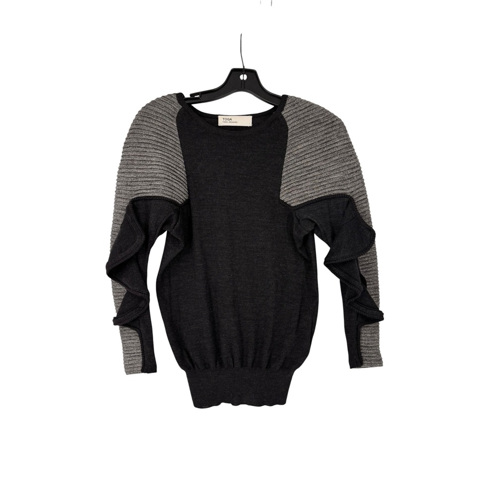 Toga Archives Ruffle Sleeve Sweater Wool Pullover Small Black Gray Minimalist